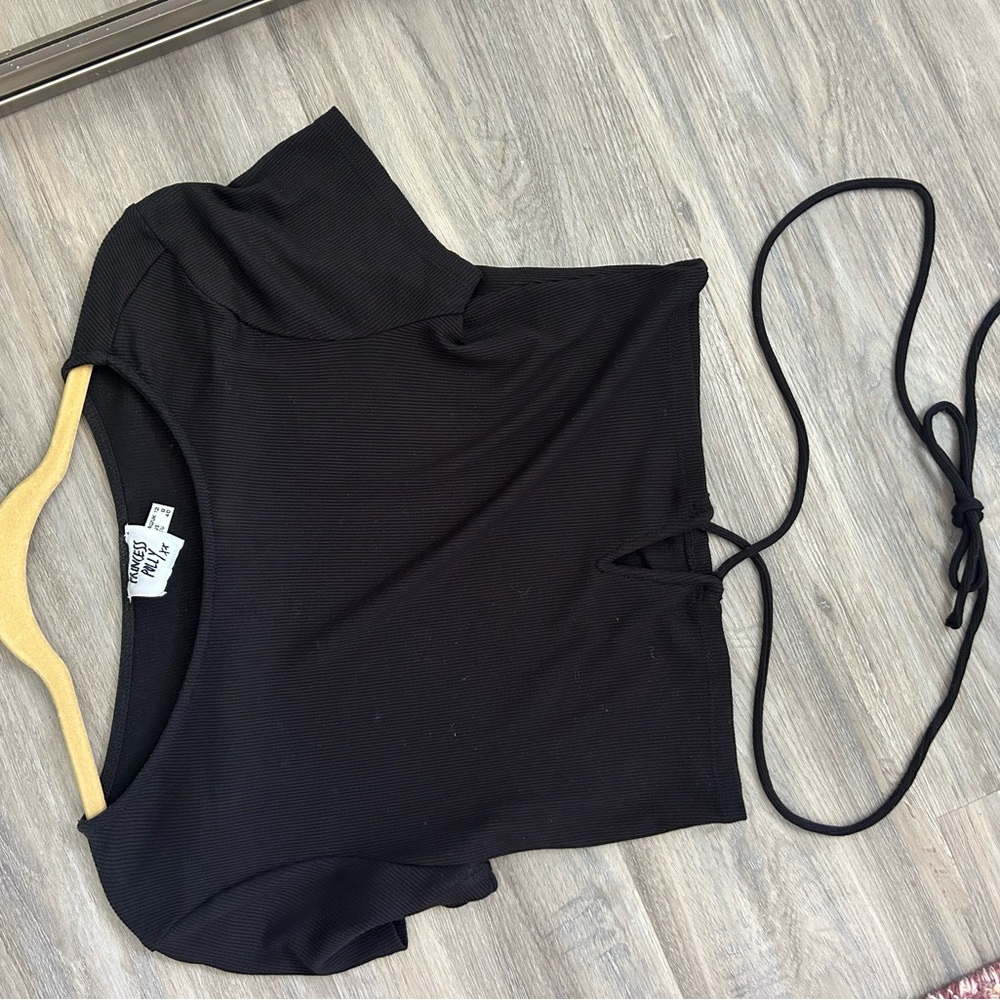 Princess Polly Ribbed Black Crop Top with Tie Strings